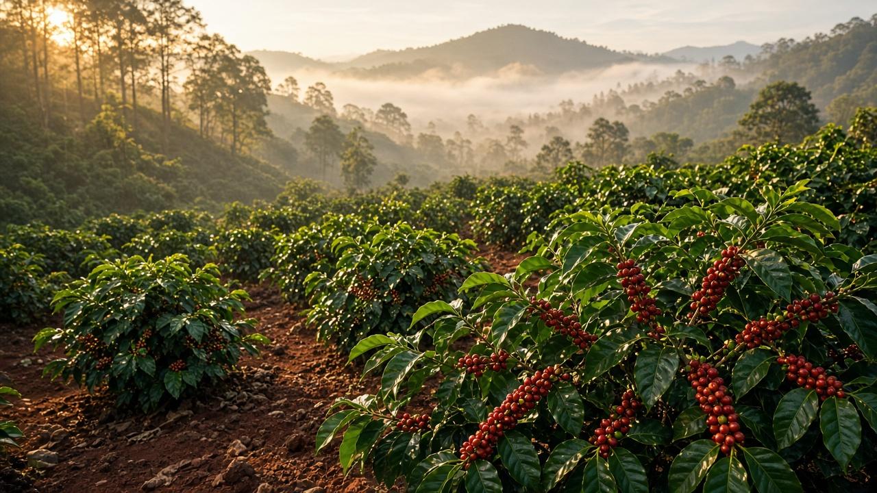 Vườn cà phê trên đồi đất đỏ trong sương sớm, ảnh minh họa